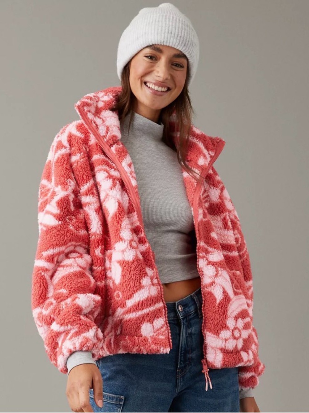American Eagle Red/White Bear Hug Cozy Sherpa Zip Jacket Size Med Oversized Fall - Picture 13 of 13